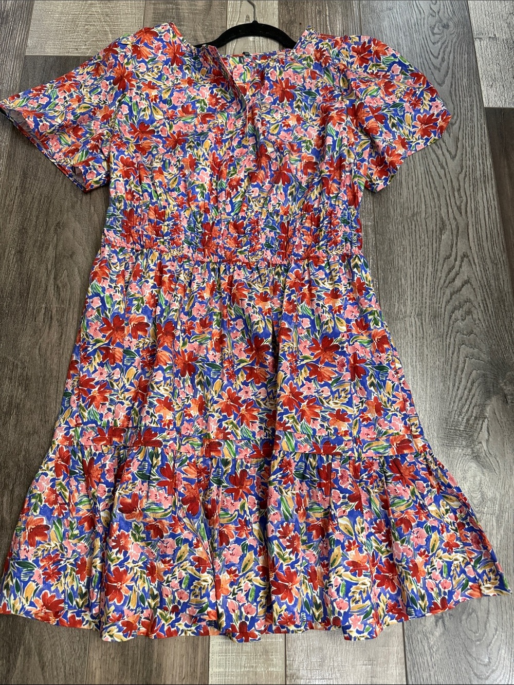 Anthropologie Red Floral Tiered Casual Dress with Purple Accents